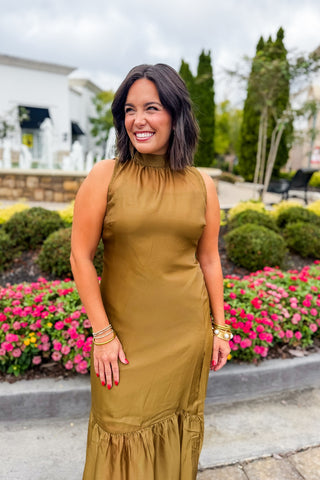 The Amelia Soirée Organza Midi Dress in Olive