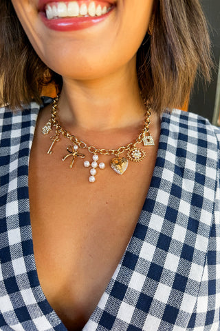 Gold/Pearl/Crystal Cross & Heart Charm Necklace