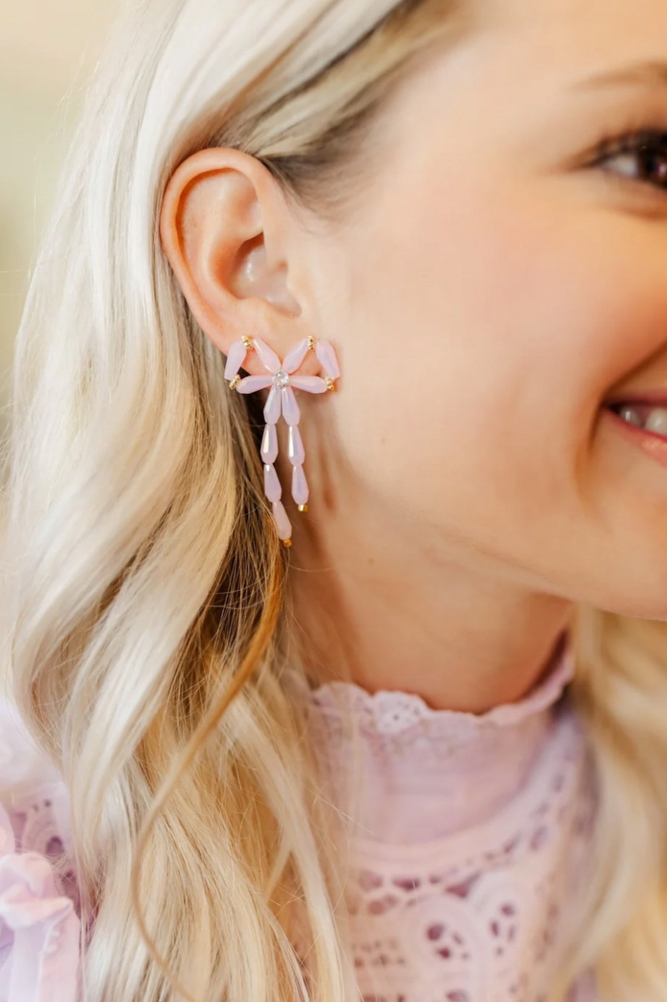 Morgan Beaded Bow Drop Earrings in Pink by Taylor Shaye