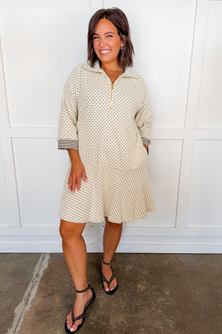 The Everly Dot Flare Hem Dress in Cream & Black