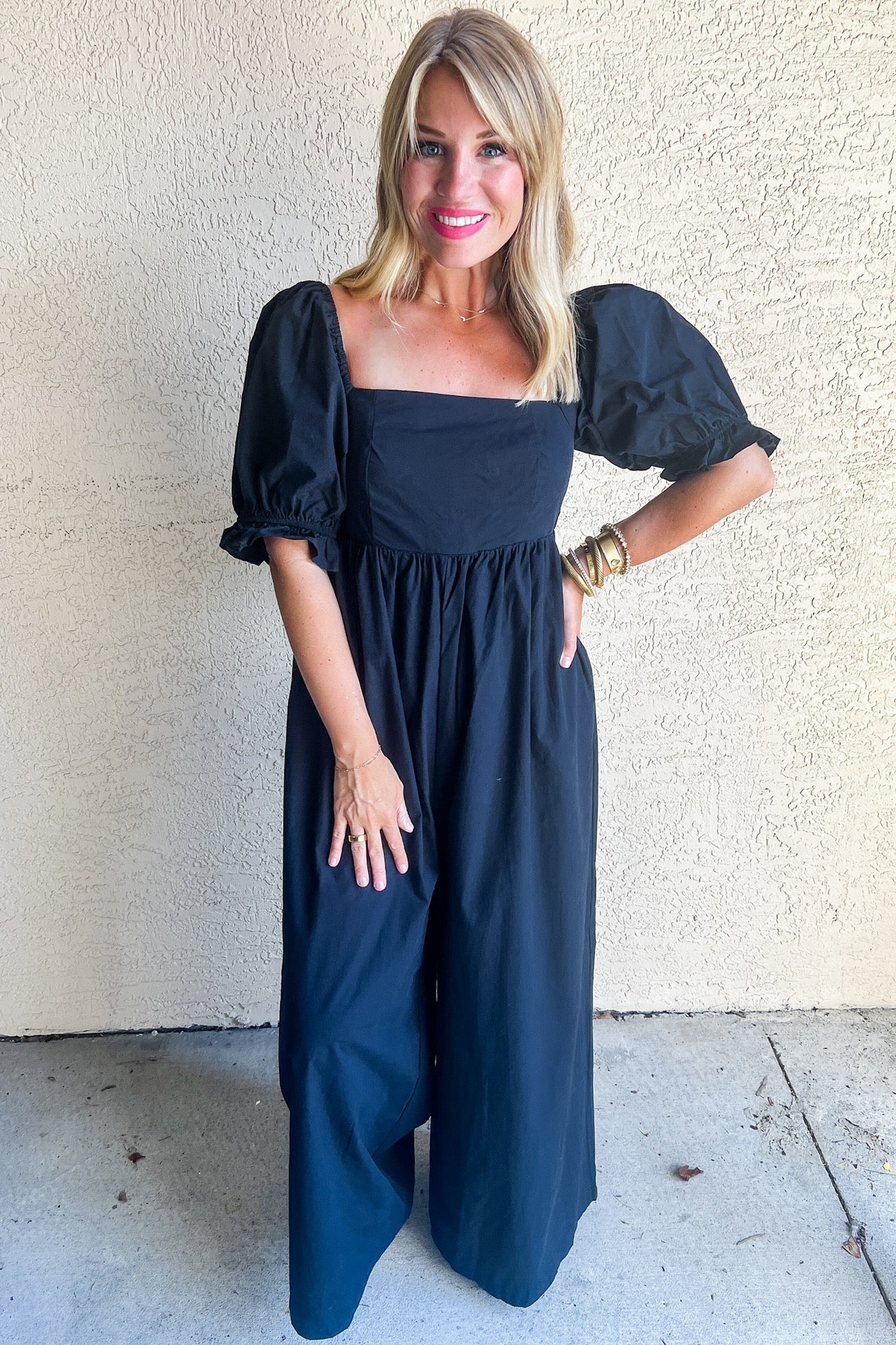 Puff Sleeve Smocked Black Pocketed Poplin Jumpsuit