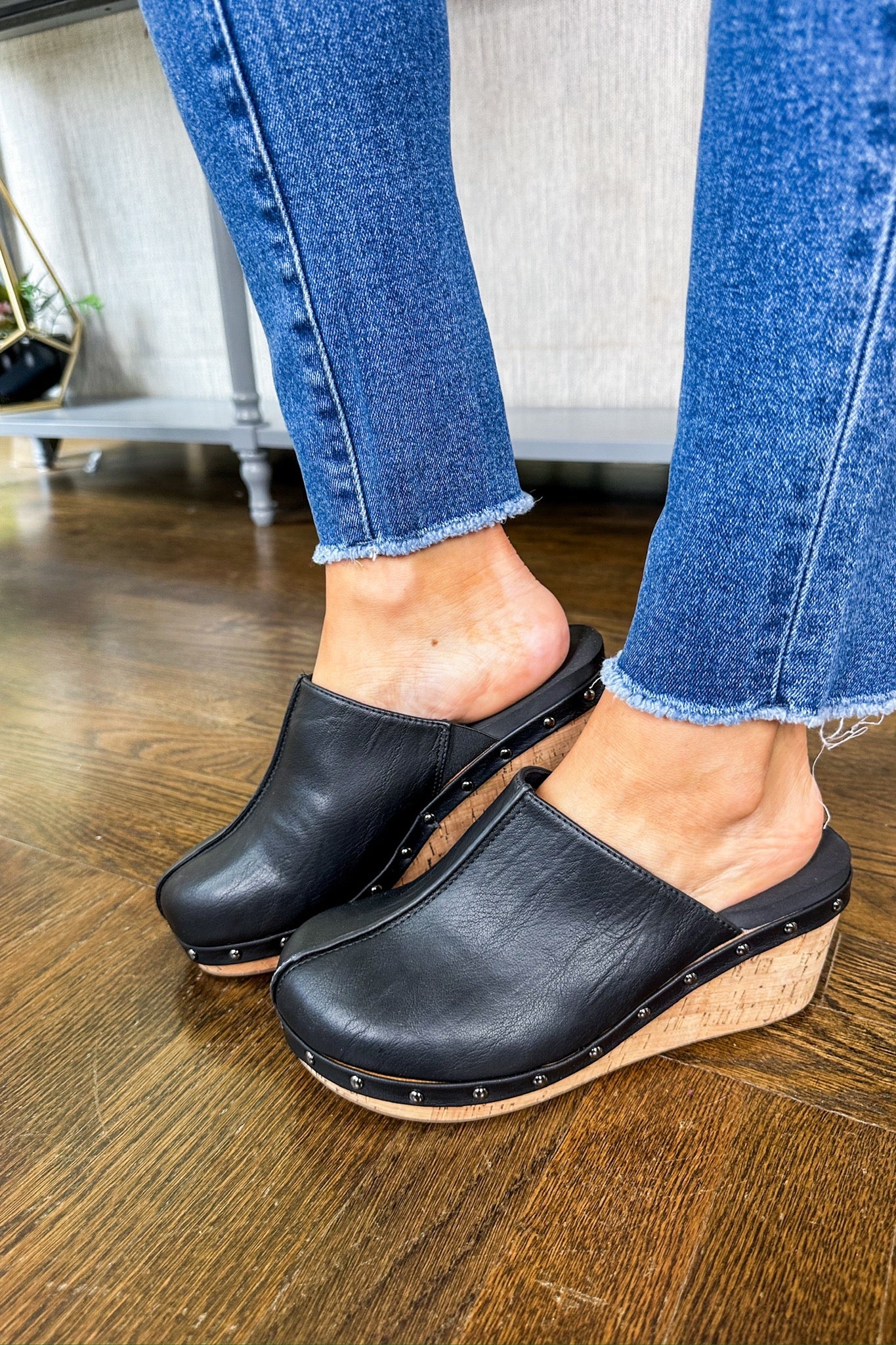 The Marley Faux Leather Clog Corkys Wedge in Black