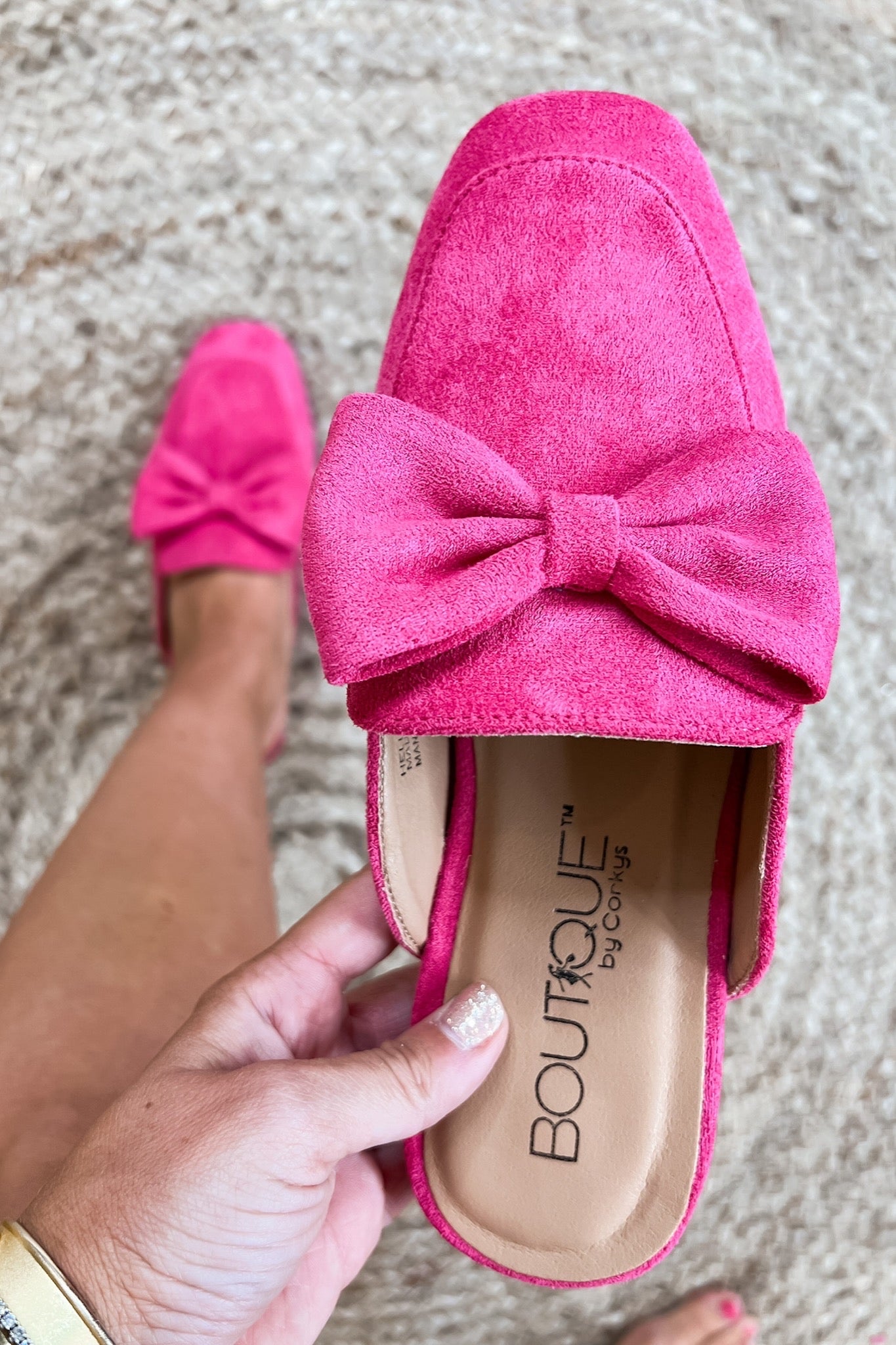 Suede Bow Slip On Mule in Fuchsia by Corky's