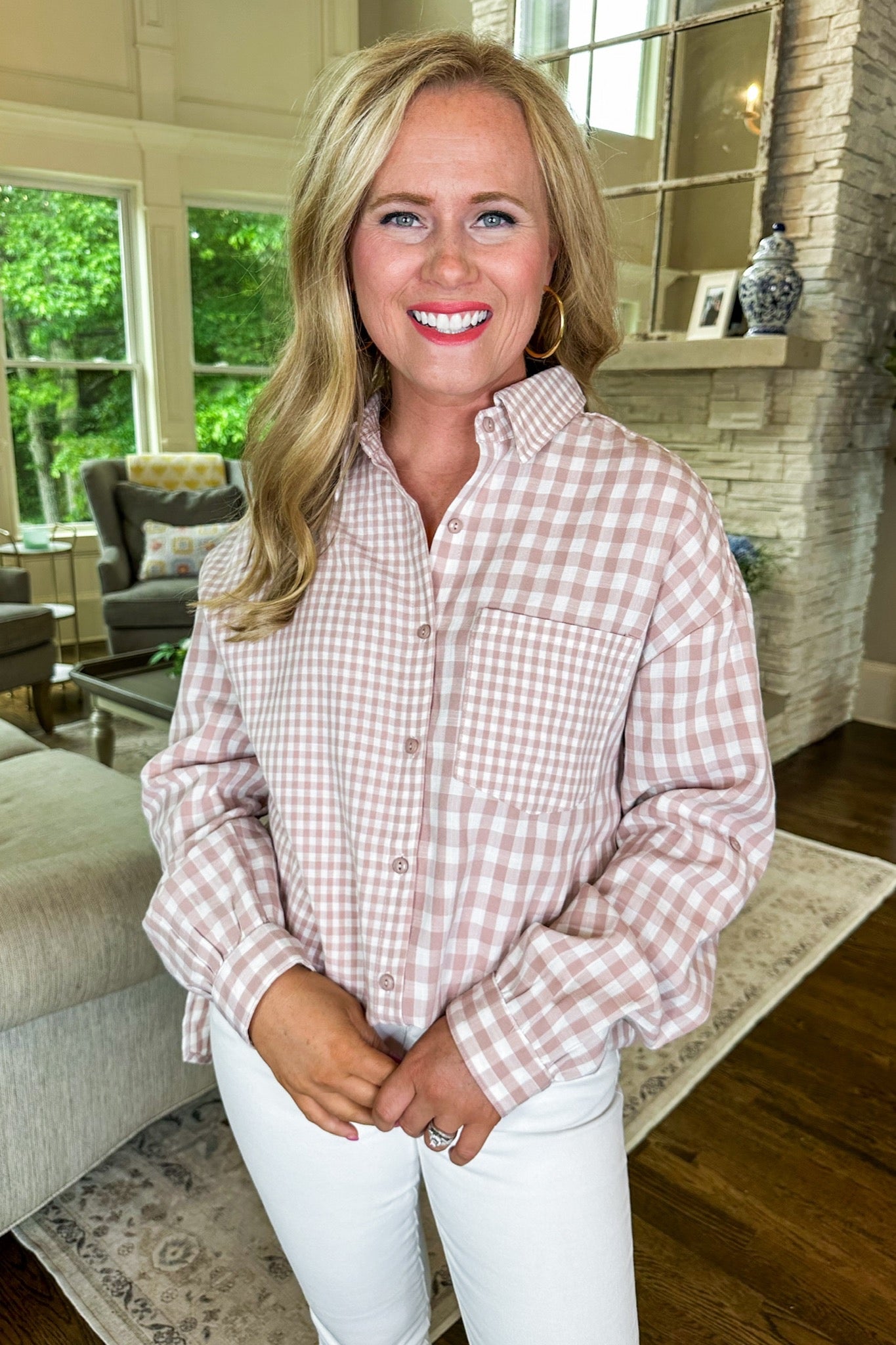 Gingham Mixed Fabric Button Down Shirt in Mauve