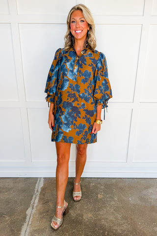 Social Season Button Front Dress in Camel & Blue Floral
