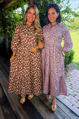 Whispering Leaf Pintuck Shirt Dress in Brown
