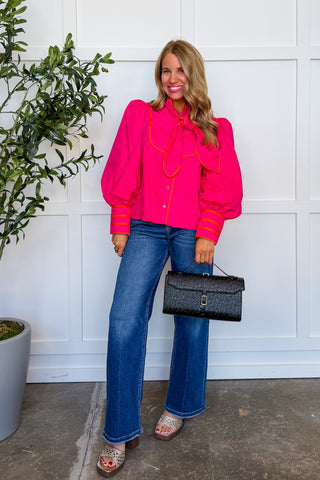 Tied And True Contrast Trim Top in Hot Pink