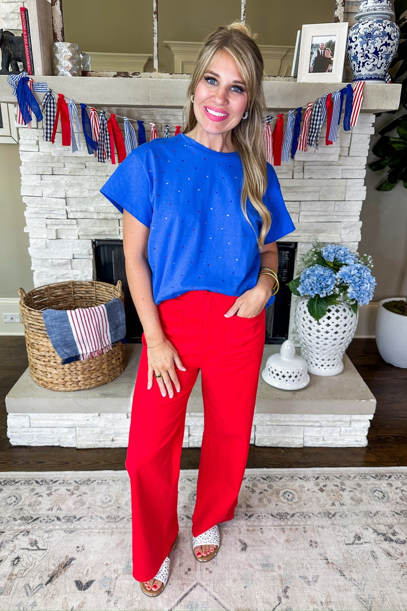 Wood Button Oversized Pocket Wide Leg Jeans in Red