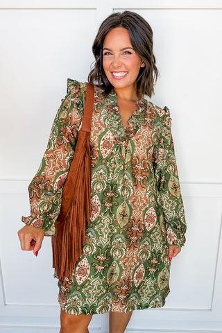 Ornate Paisley Ruffle Neck Dress in Sage