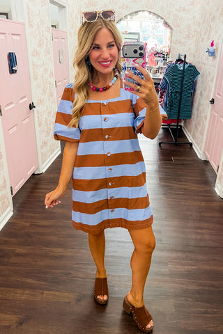The Beverly Hills Striped Dress in Caramel & Blue