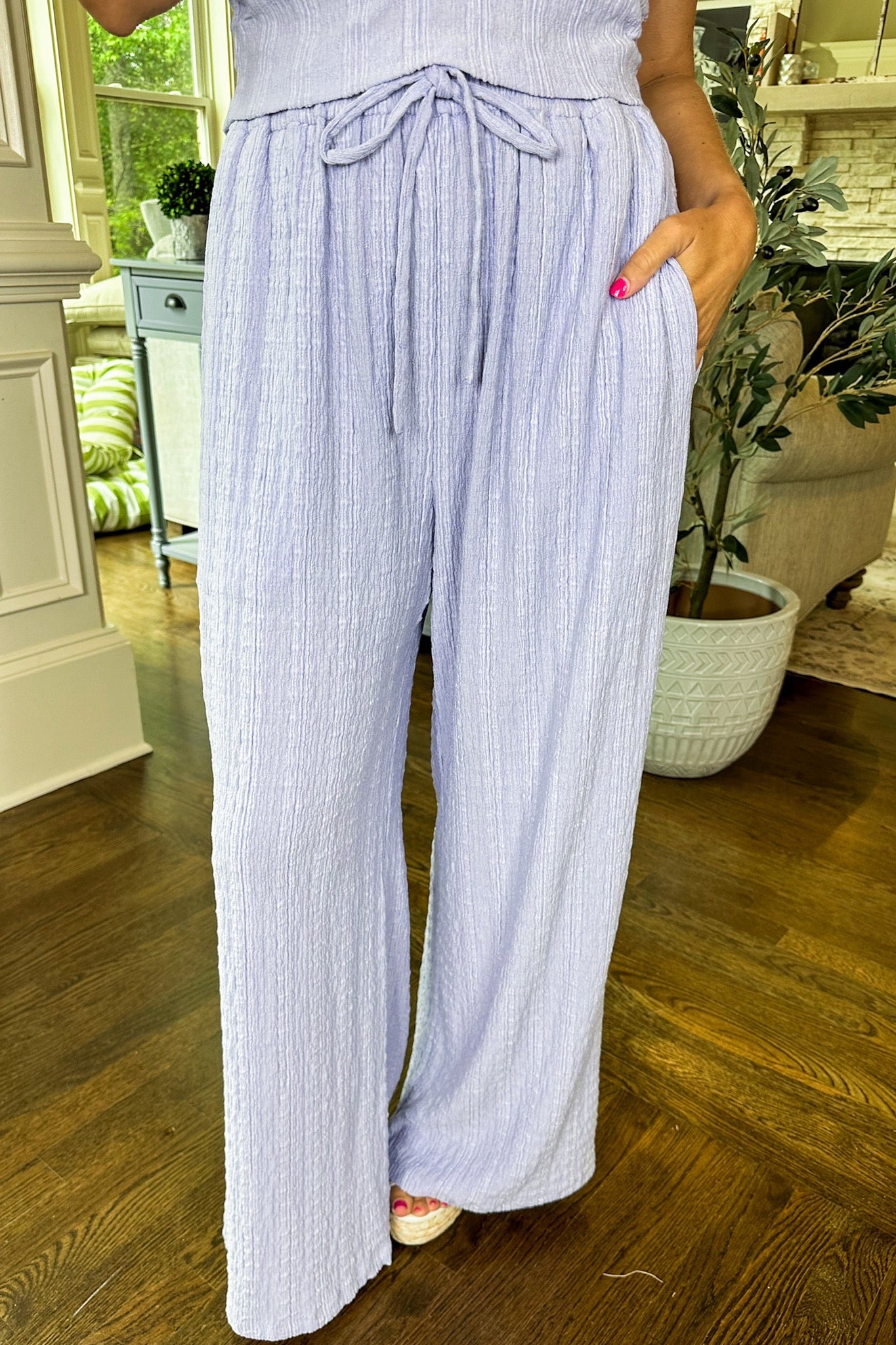 Textured Lilac Side Cinch Top & Elastic Waist Pants Set