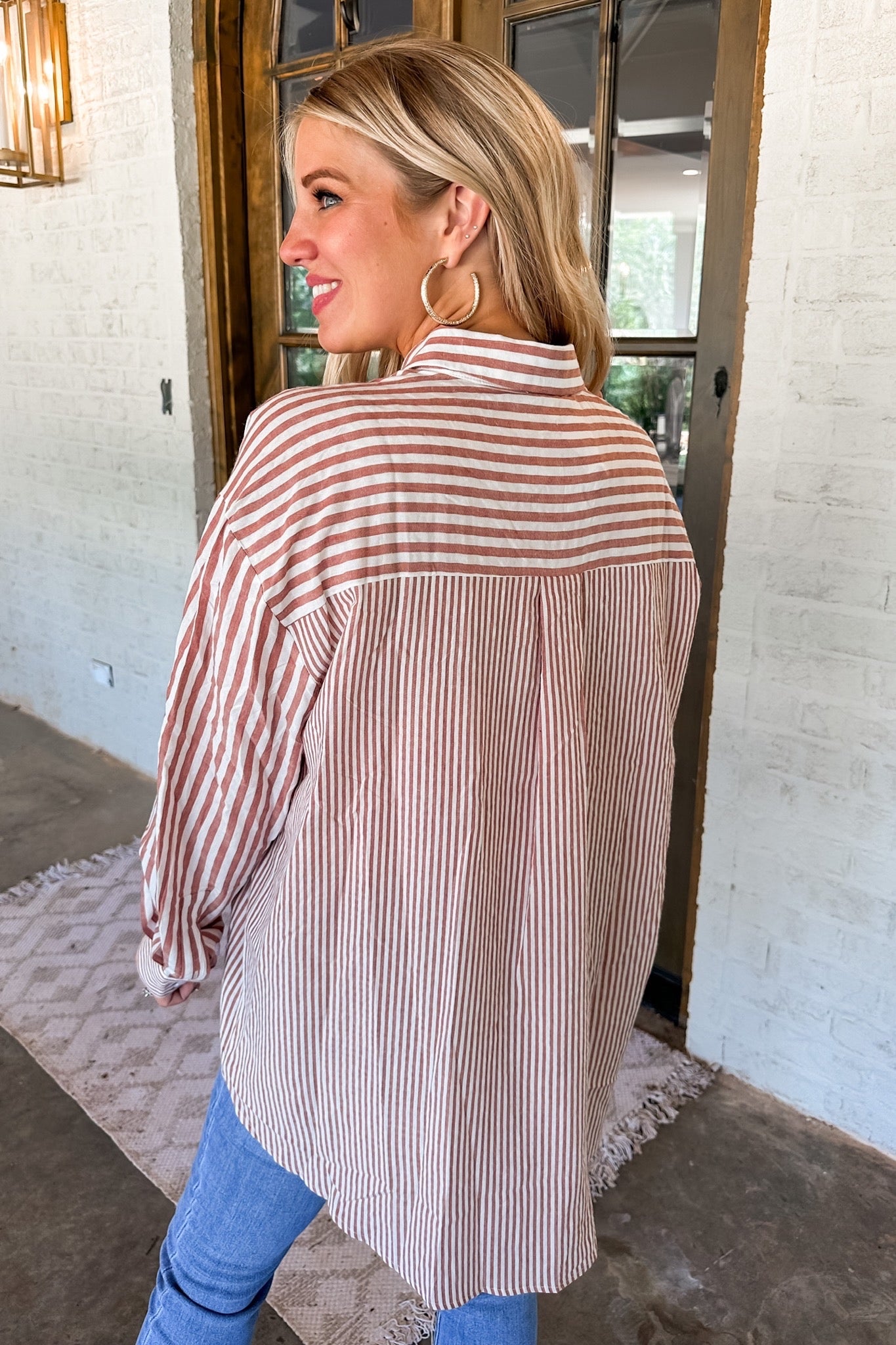 Button Up Pin Stripe Top in Clay