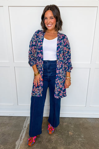 Dear Scarlett Lizzy Gather Sleeve Cardigan in Navy Floral