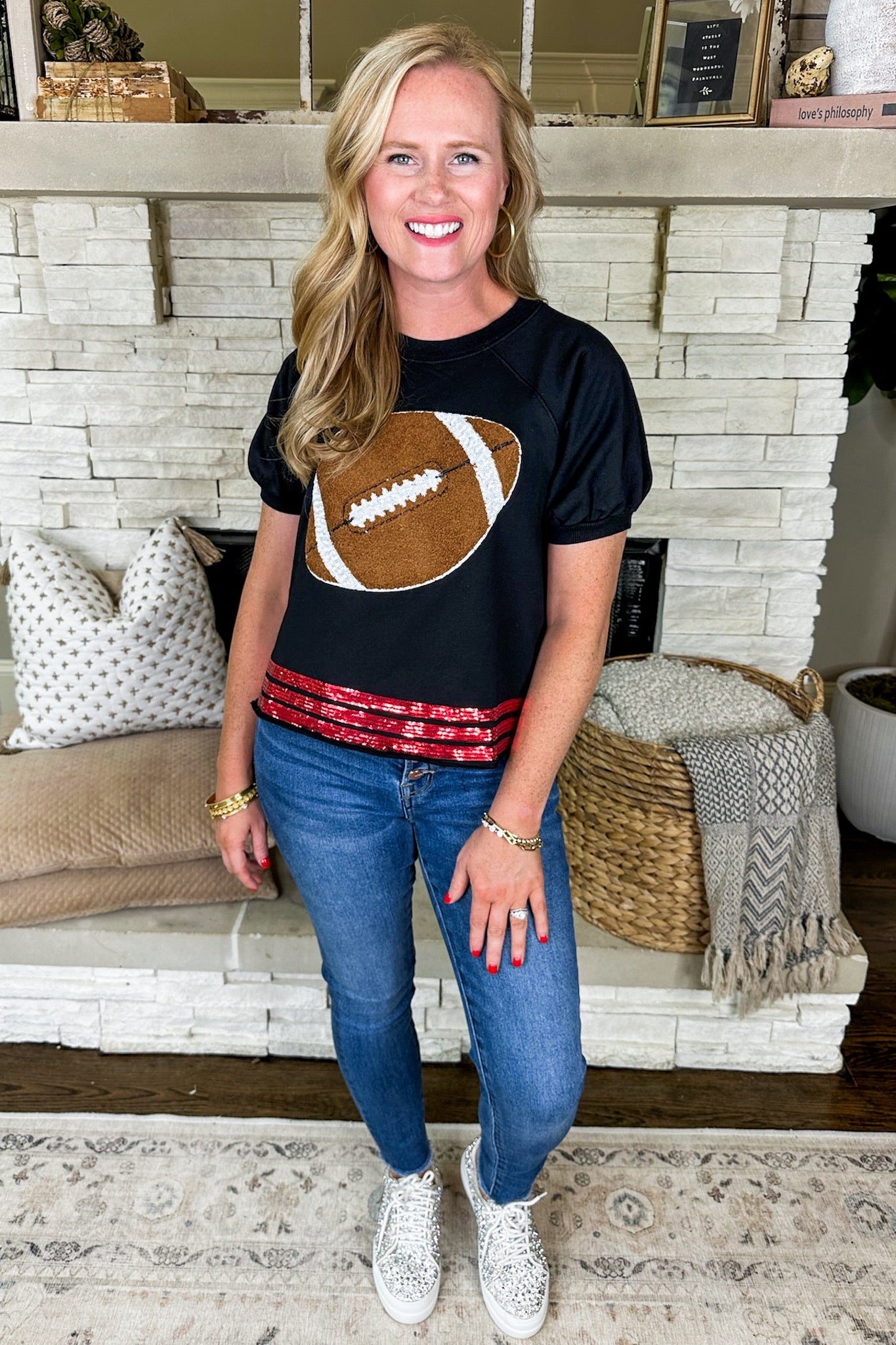 Textured Football Sequin Trim Game Day Top in Black