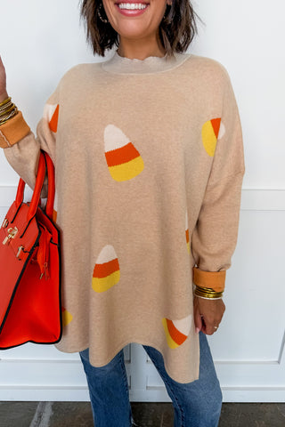Candy Corn Jacquard Sweater in Tan