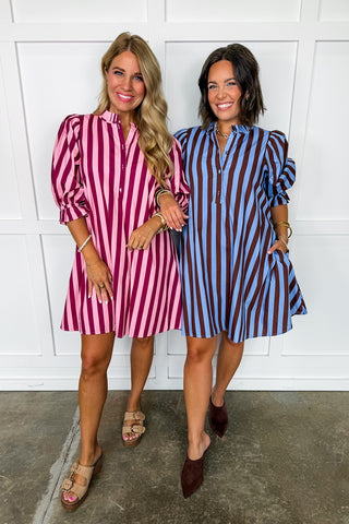 Stripe Me Pretty Dress in Blue & Brown