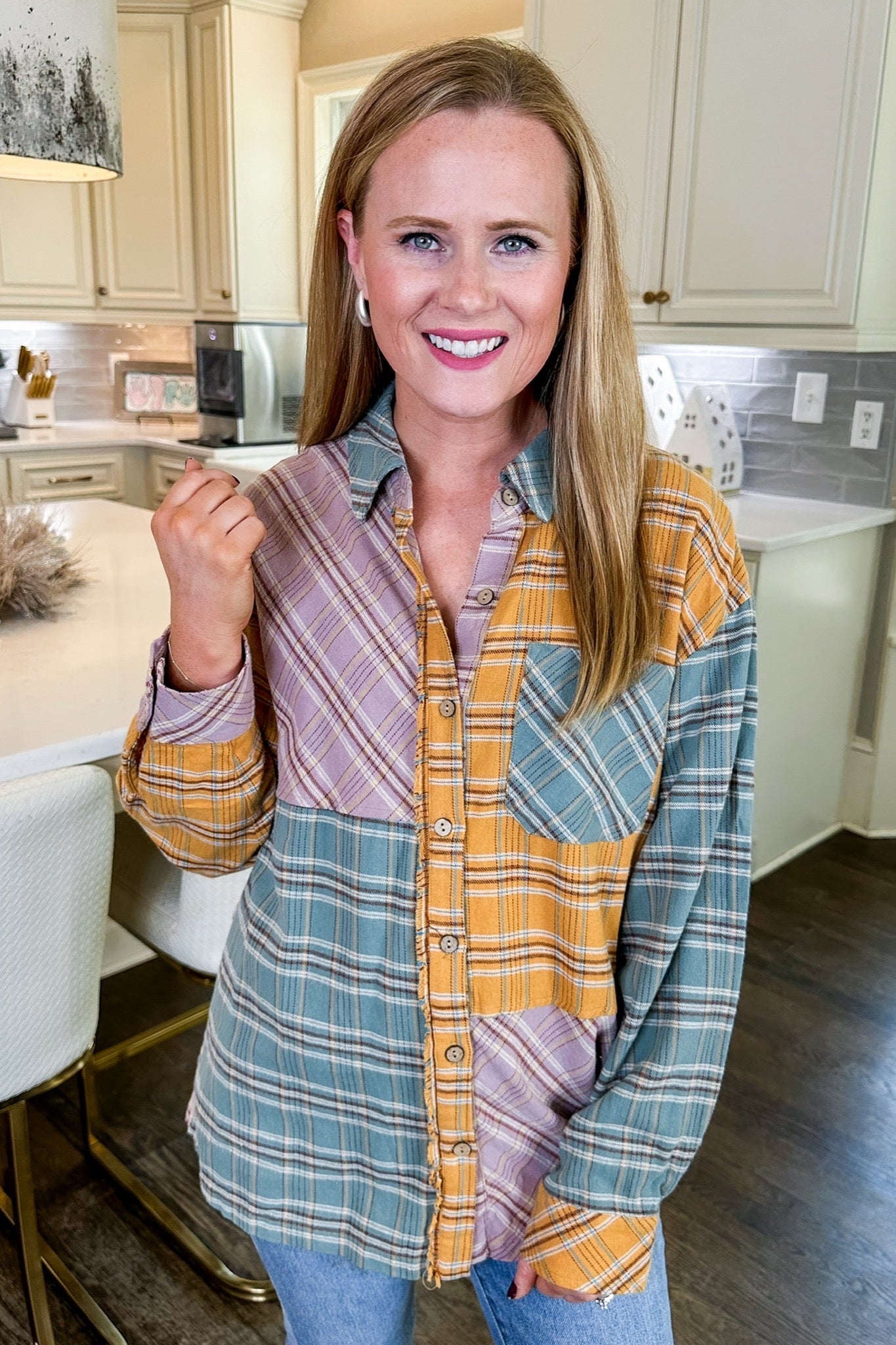 Mixed Color Flannel Button Down Top