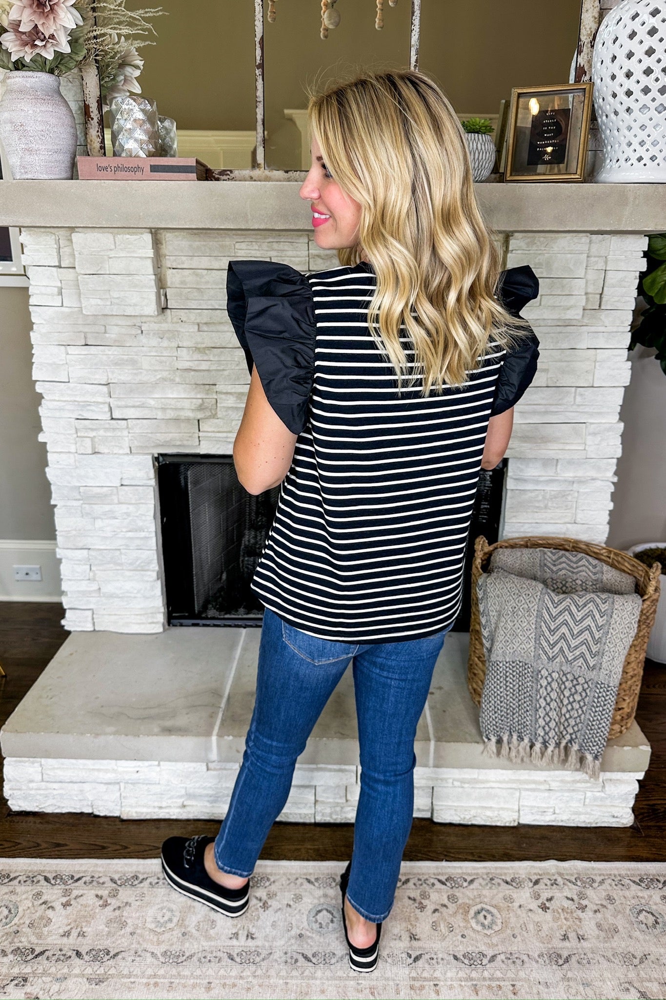 Striped Ruffle Cap Sleeve Top in Black