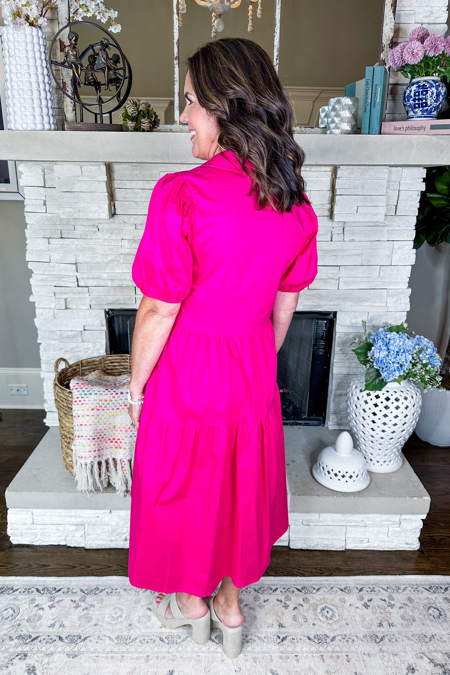 Bubble Sleeve Collared Button Down Pocketed Tier Midi Dress