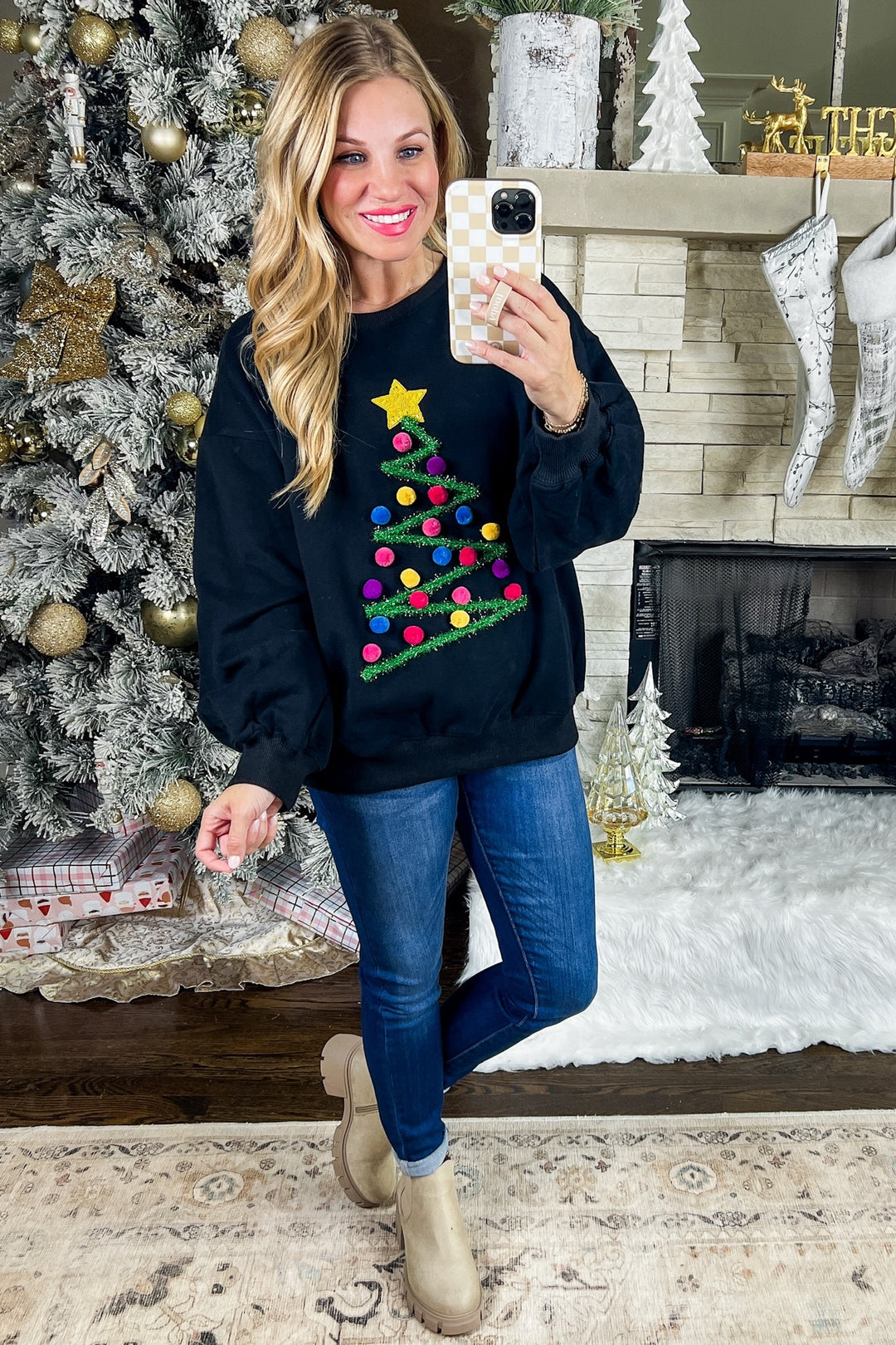 Sequin Star Pom Pom Tinsel Christmas Tree Sweater Jules & James Boutique