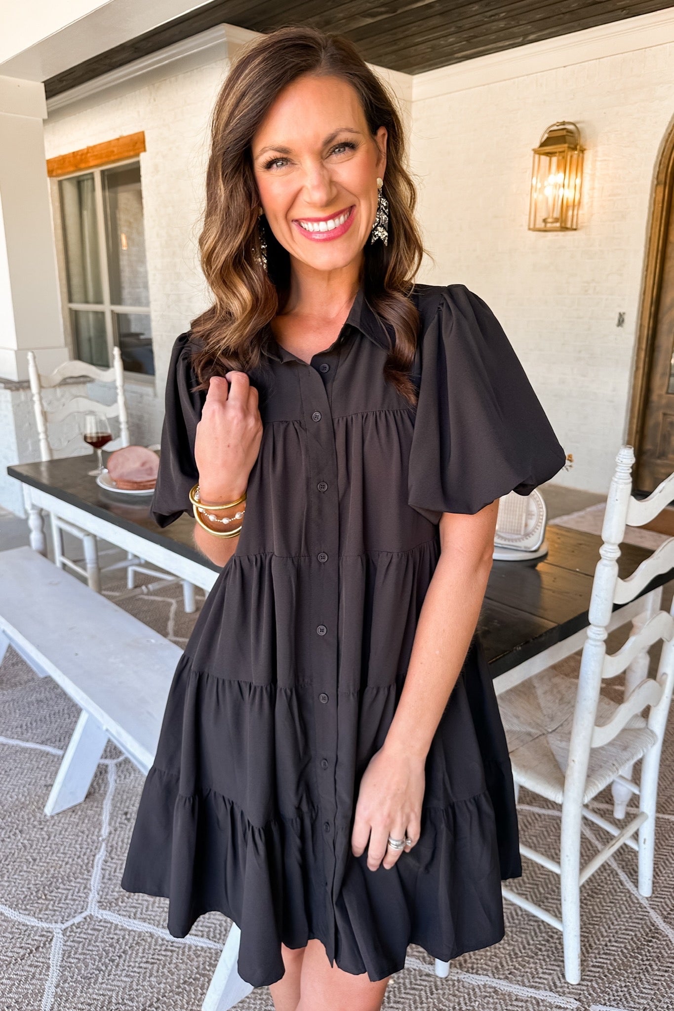 Collared Bubble Sleeve Button Down Tiered Dress in Black