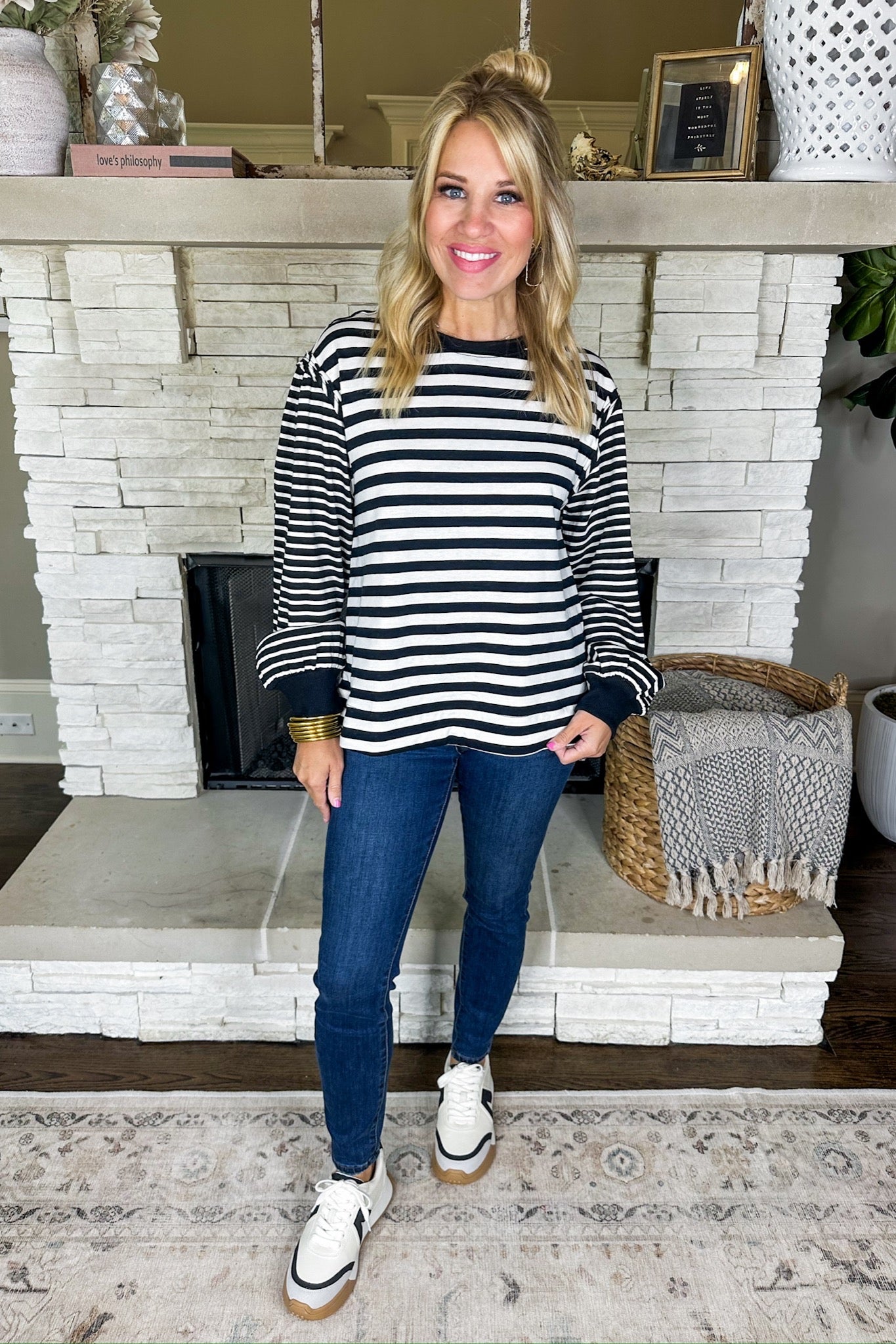 Exposed Seam Casual Stripe Long Sleeve Top in Black