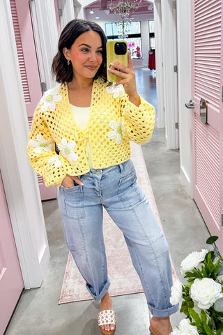 Oopsie Daisy Tie Front Crochet Cardigan in Yellow