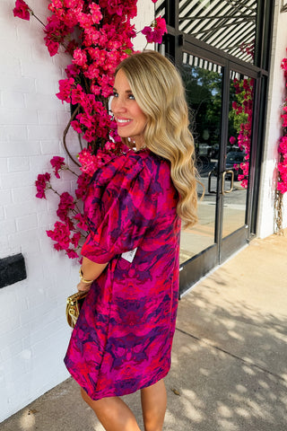 Mixing It Up Puff Sleeve Dress in Magenta