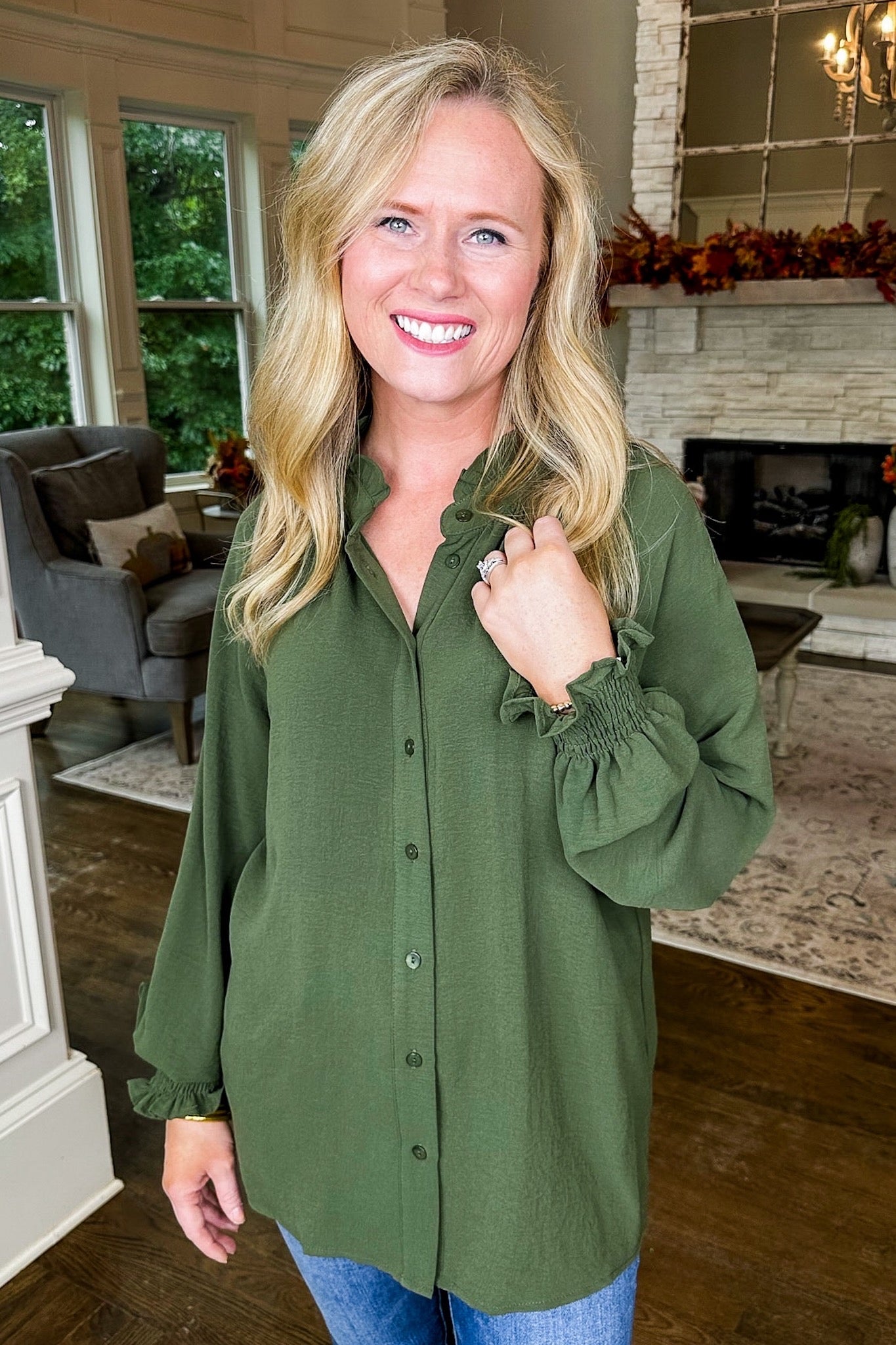 Button Up Ruffle Neck Olive Green Dressy Top
