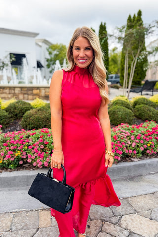 The Amelia Soirée Organza Midi Dress in Burgundy