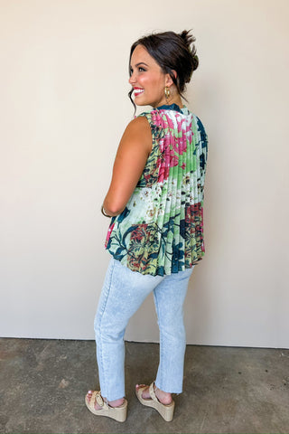 Bright Blooms Pleated Sleeveless Blouse