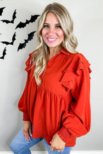 Load image into Gallery viewer, Smocked Sleeve Babydoll Top with Ruffle Detailing in Rust Orange