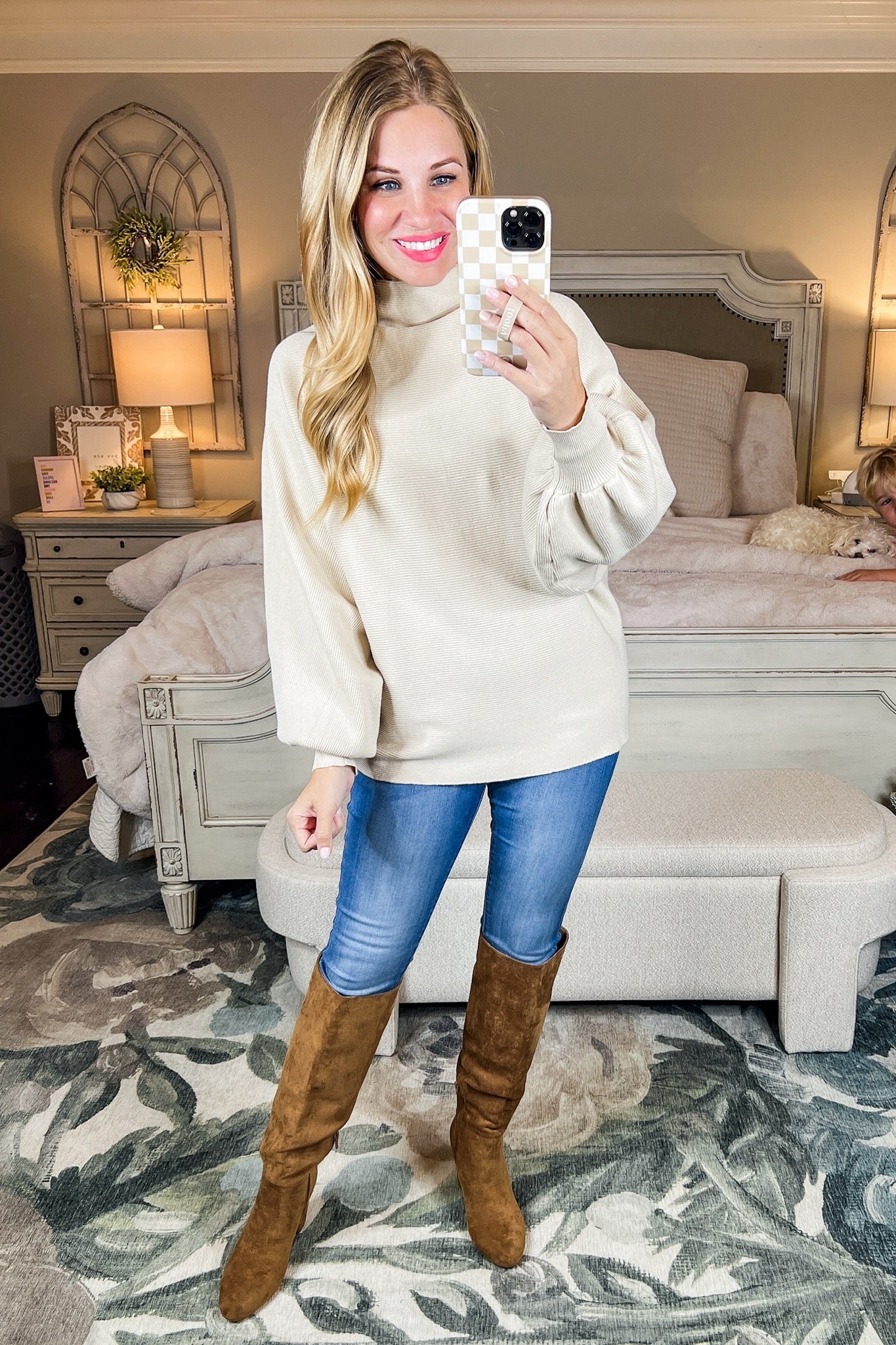 Dolman Sleeve Ribbed Knit Mock Neck Sweater in Cream