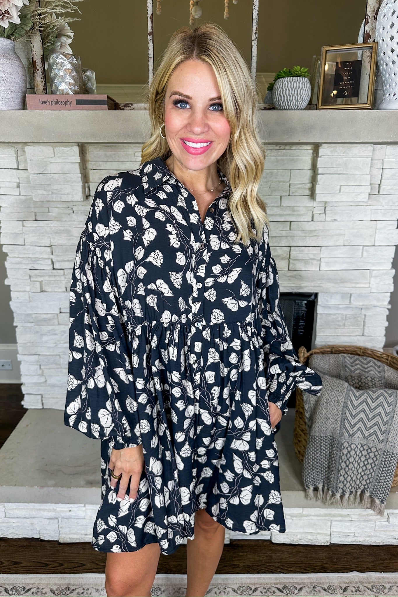 Black & White Floral Smocked Sleeve Button Down Tiered Dress