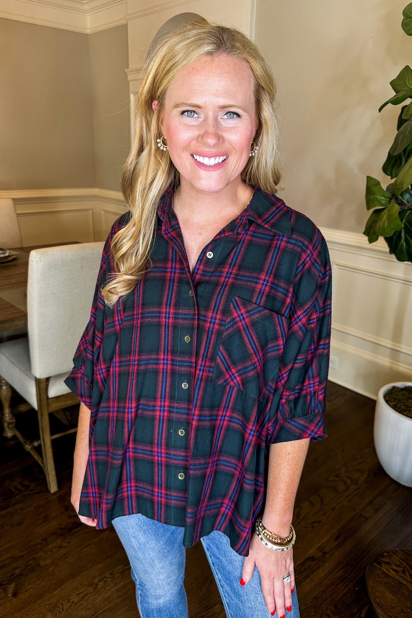 Patch Pocket Button Down Plaid Poncho Top in Green