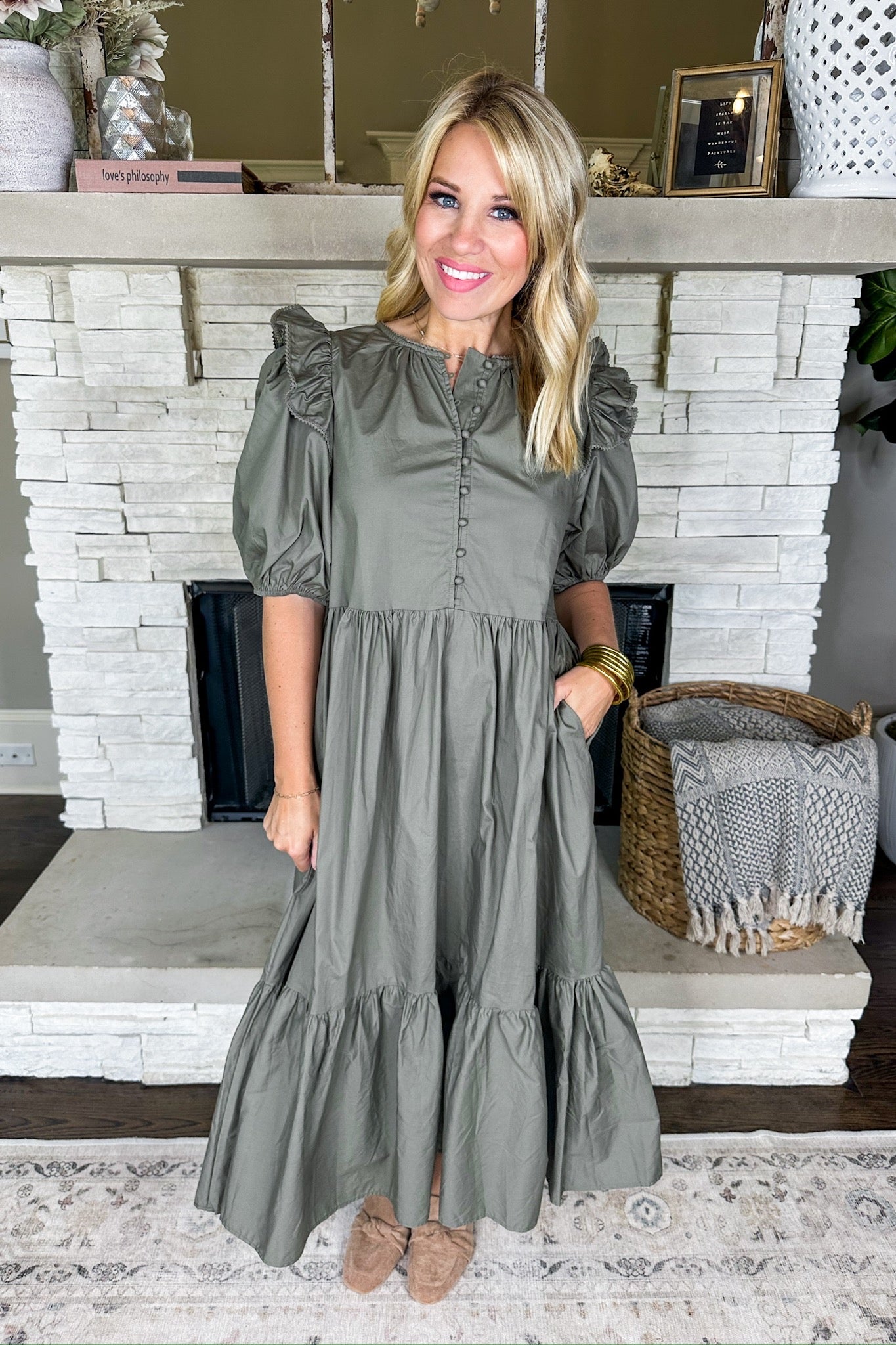 Ruffle Puff Sleeve Button Loop Poplin Midi Dress in Olive