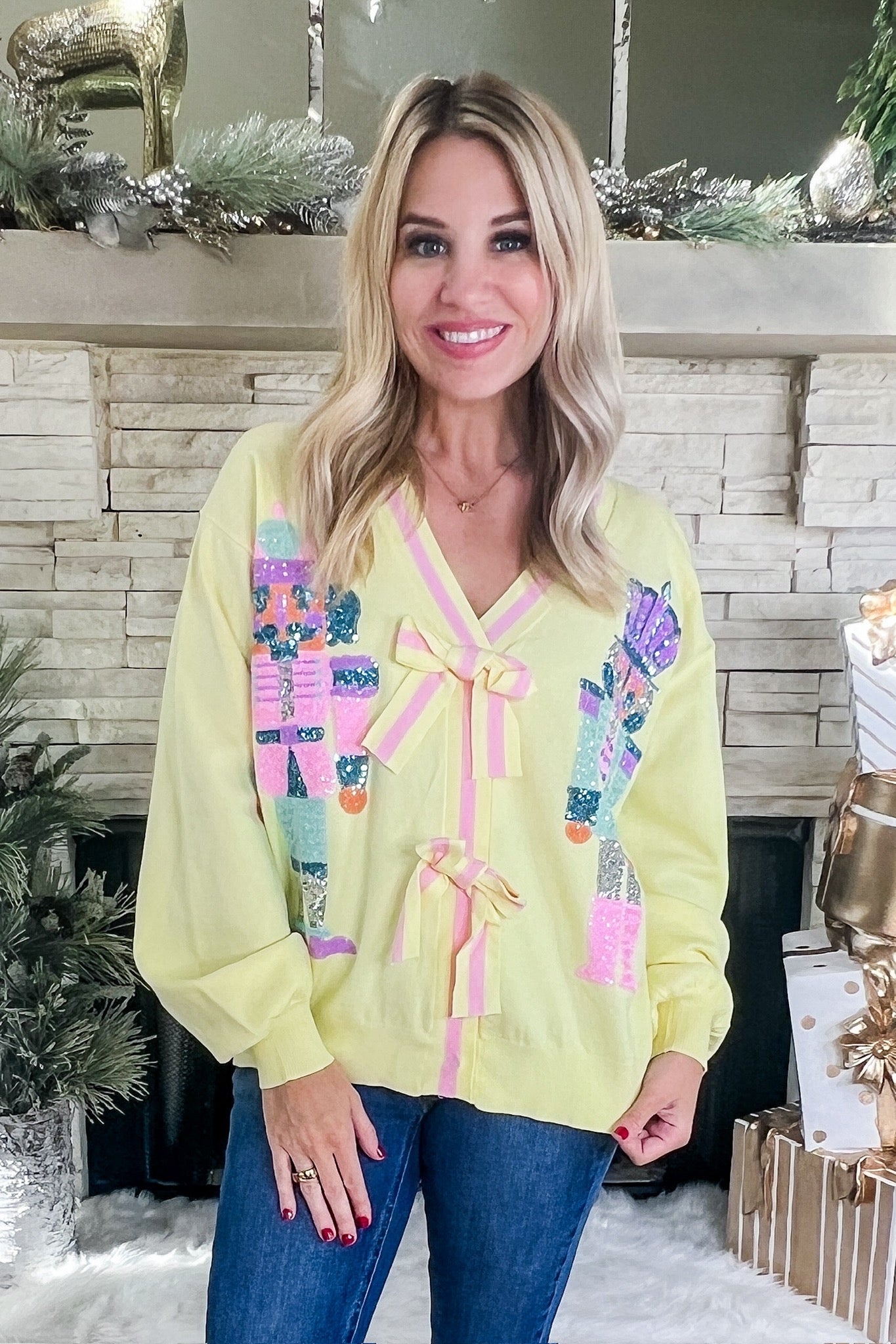 Sequin Nutcracker Faux Bow Tie Pale Yellow Sweater Cardigan