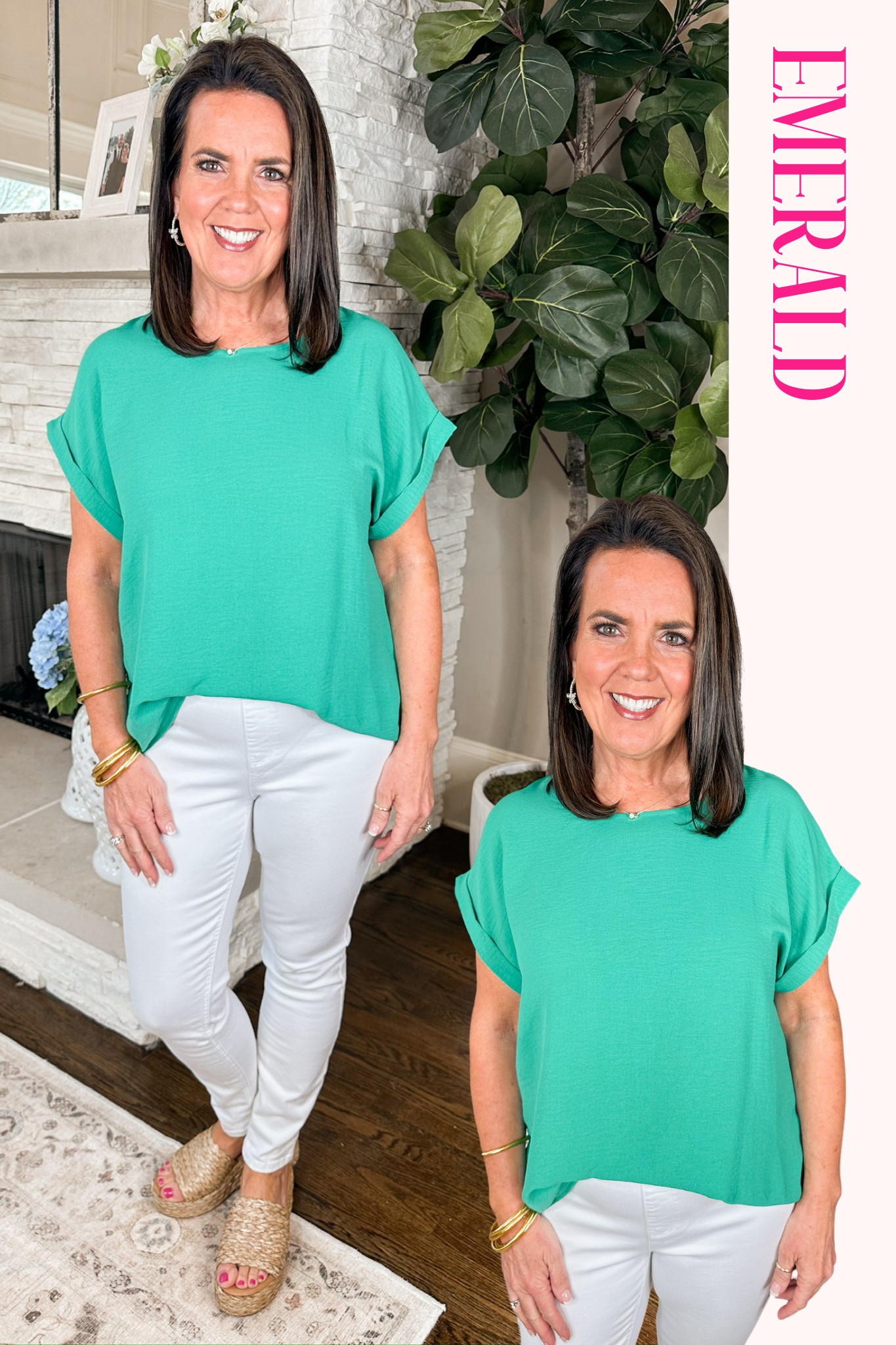 The Jessica Tabbed Sleeve Staple Shift Top Emerald