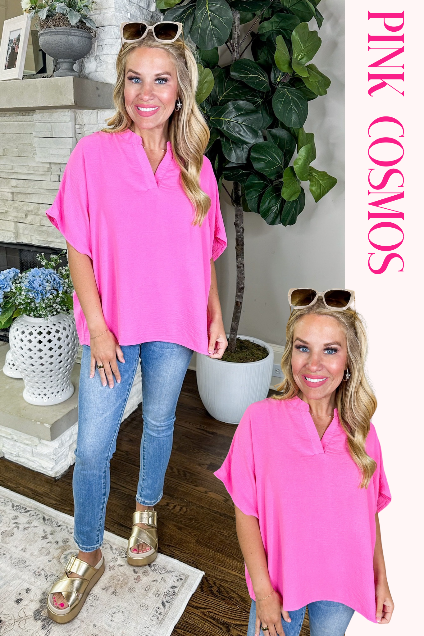 The Amber V Neck Staple Poncho Shift Top Pink Cosmos