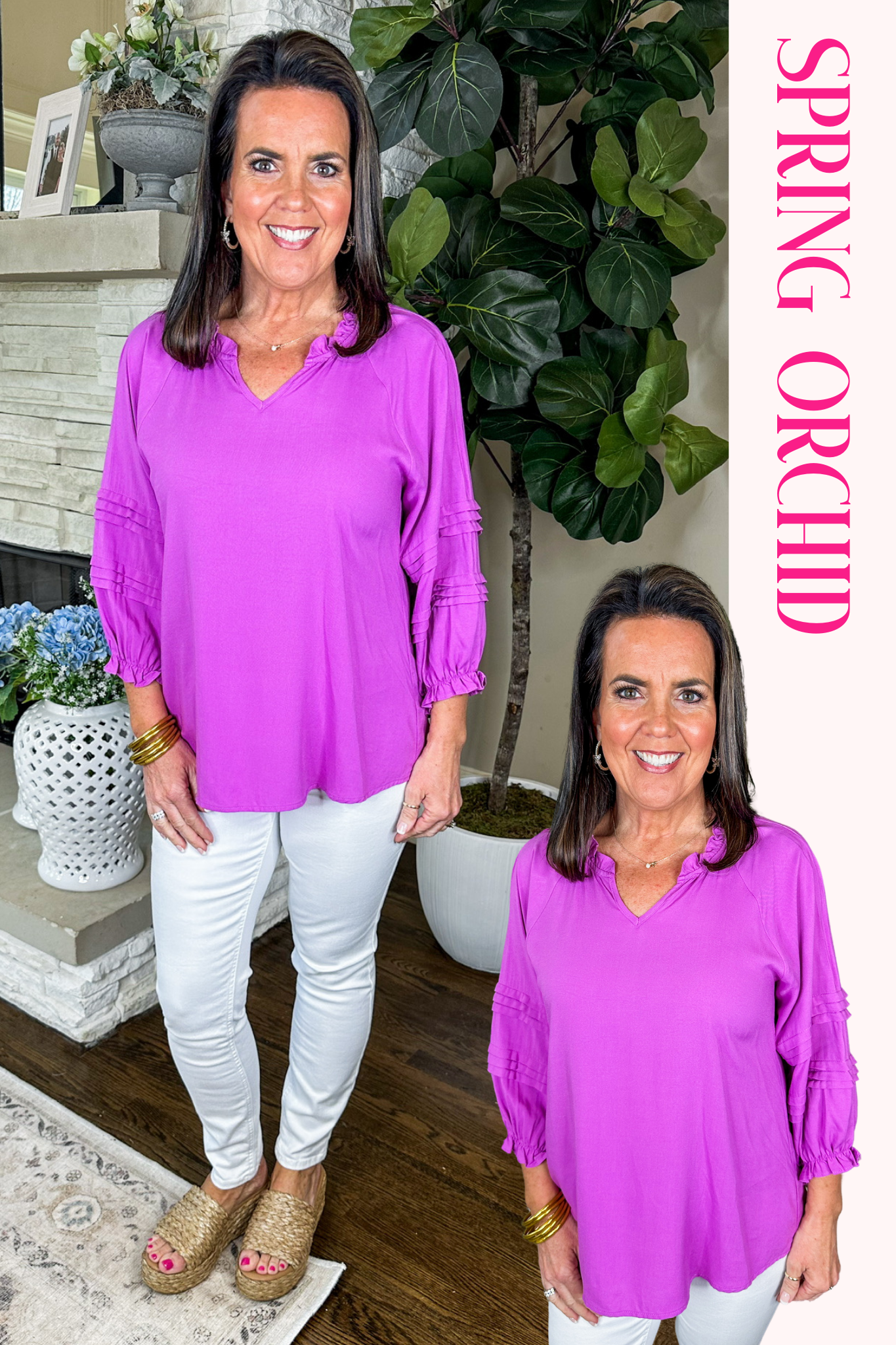 The Ginger Ruffle Details Notched Neck Top Spring Orchid