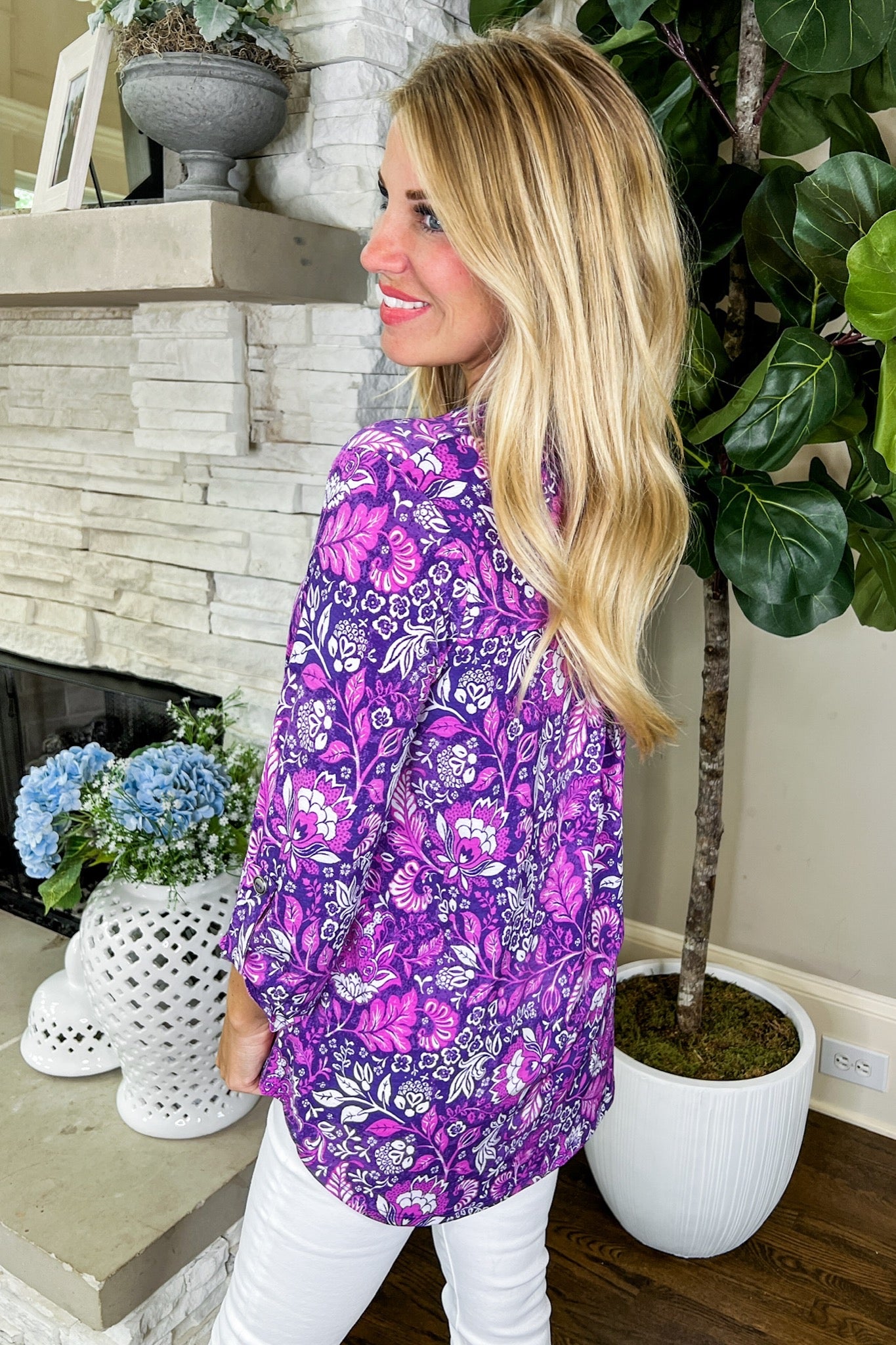 The Lizzy Top in Bold Pink Purple Paisley