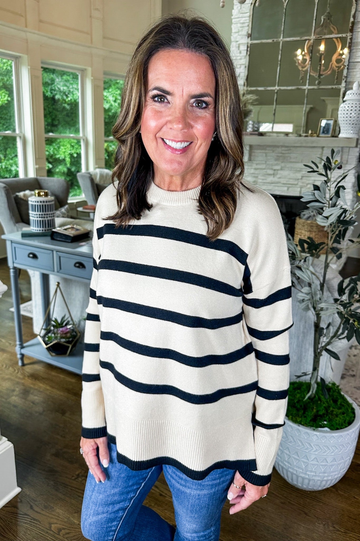 Cream & Black Stripe Ribbed Hem Sweater