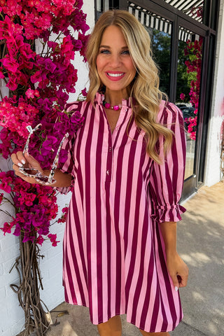 Stripe Me Pretty Dress in Pink & Burgundy