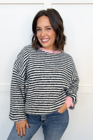 Cozy Season Stripe Knit Sweater in Navy & Pink