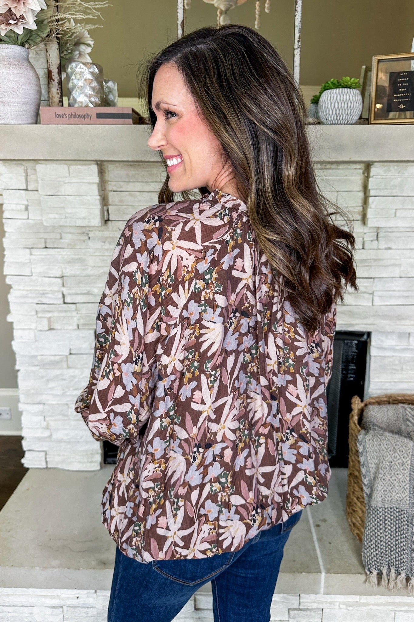 Floral Peasant Top in Chocolate