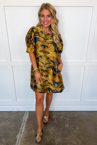 Mixing It Up Puff Sleeve Dress in Gold
