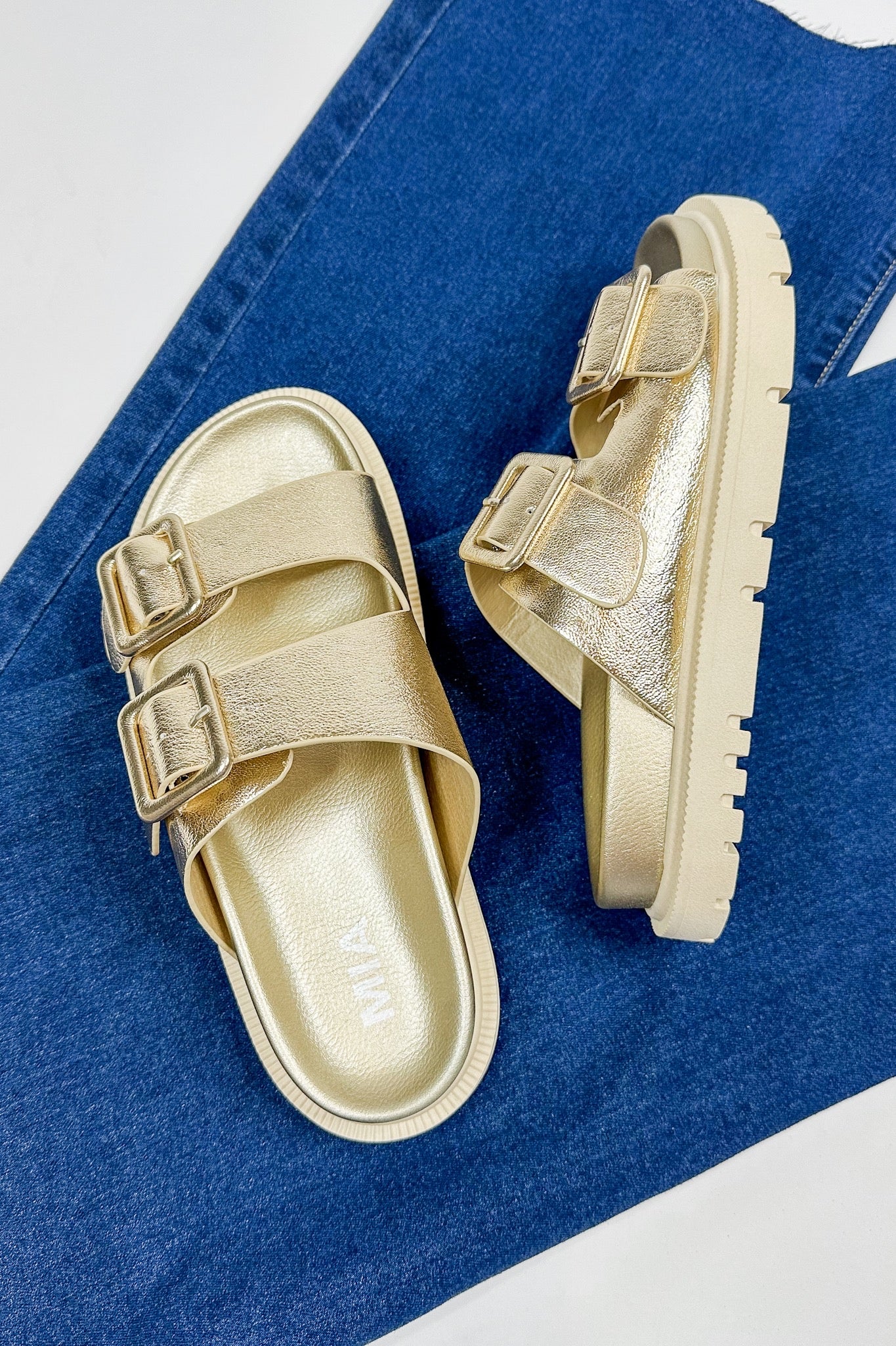 Gold Metallic Slip On Double Buckle Sandal