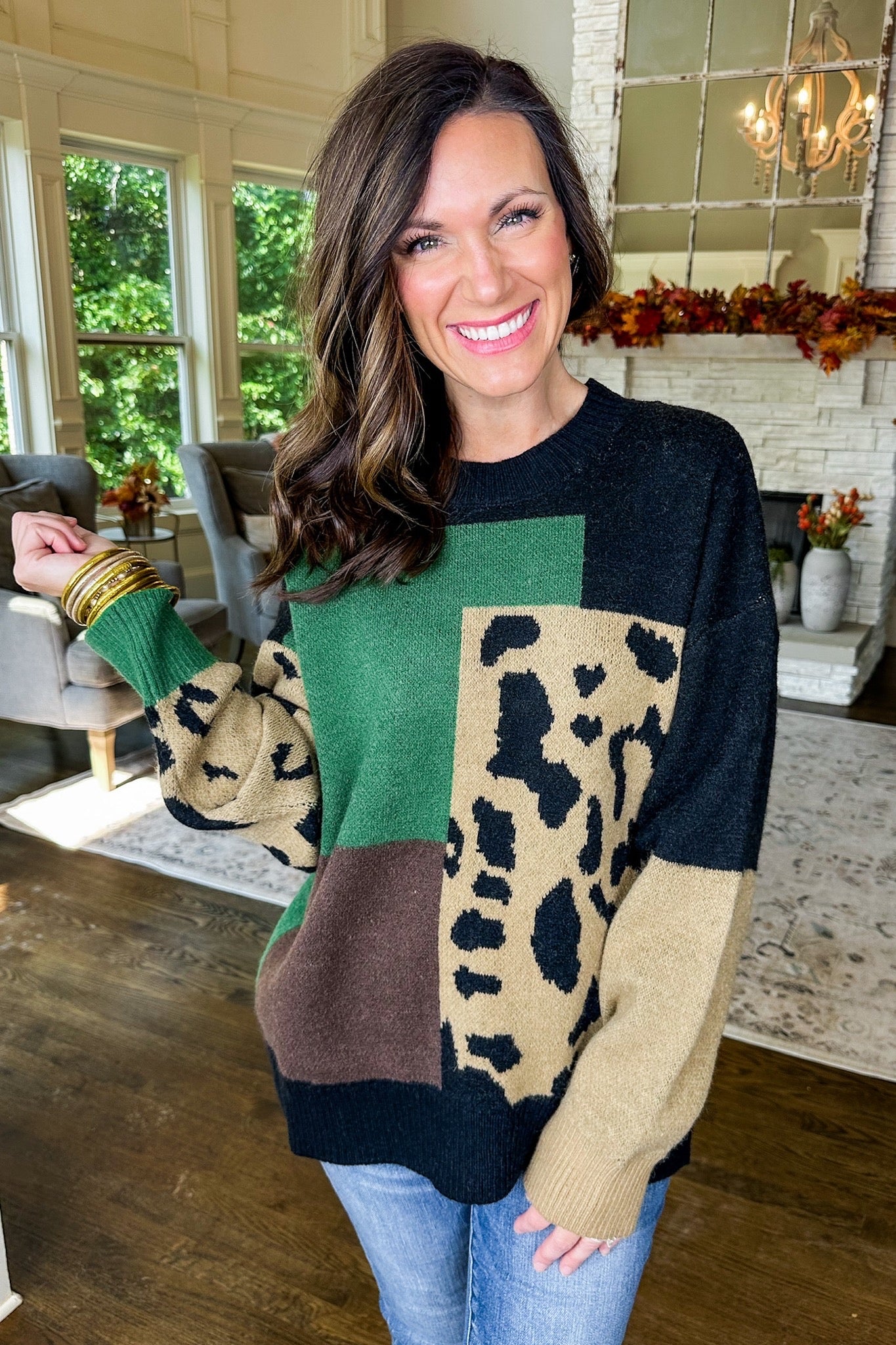 Color Block Animal Print Sweater in Green Brown