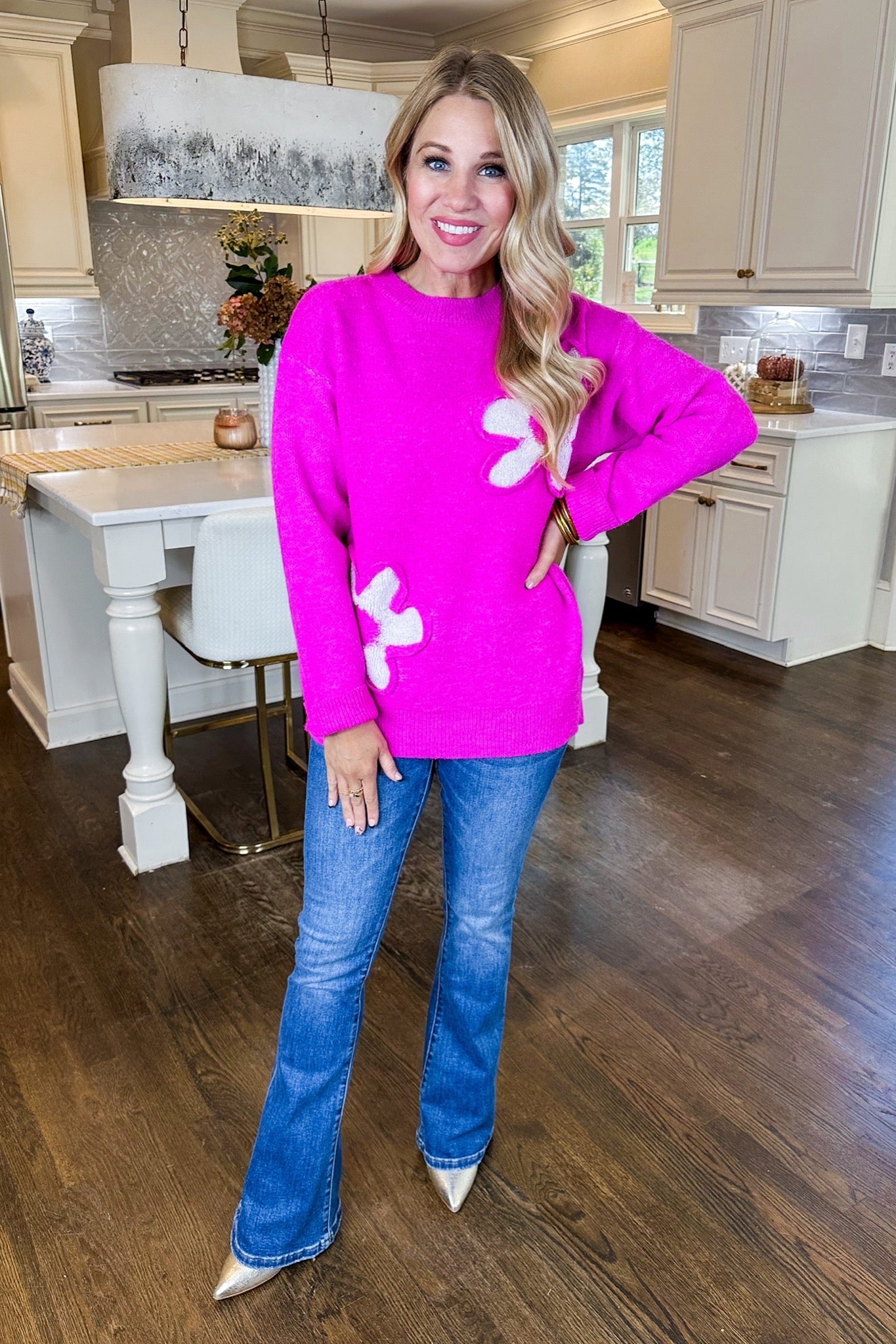 Raised Stitch Flower Sweater in Hot Pink