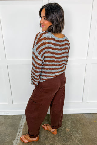 Effortless Stripe Notch Neck Sweater in Light Blue & Brown